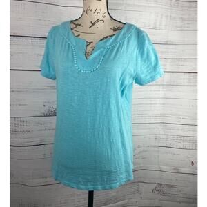 Talbots Tee Shirt Womens Mp Blue Short Sleeves Cotton Split Neck
